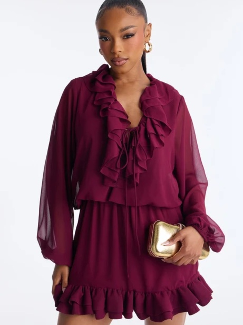 Fashion Nova Burgundy Ruffle Tie-Neck Blouse